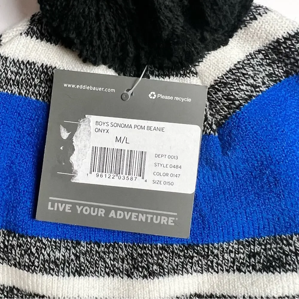 Eddie Bauer Boys Onyx  Sonoma Pom Cold Weather Winter  Hat Sz M/L